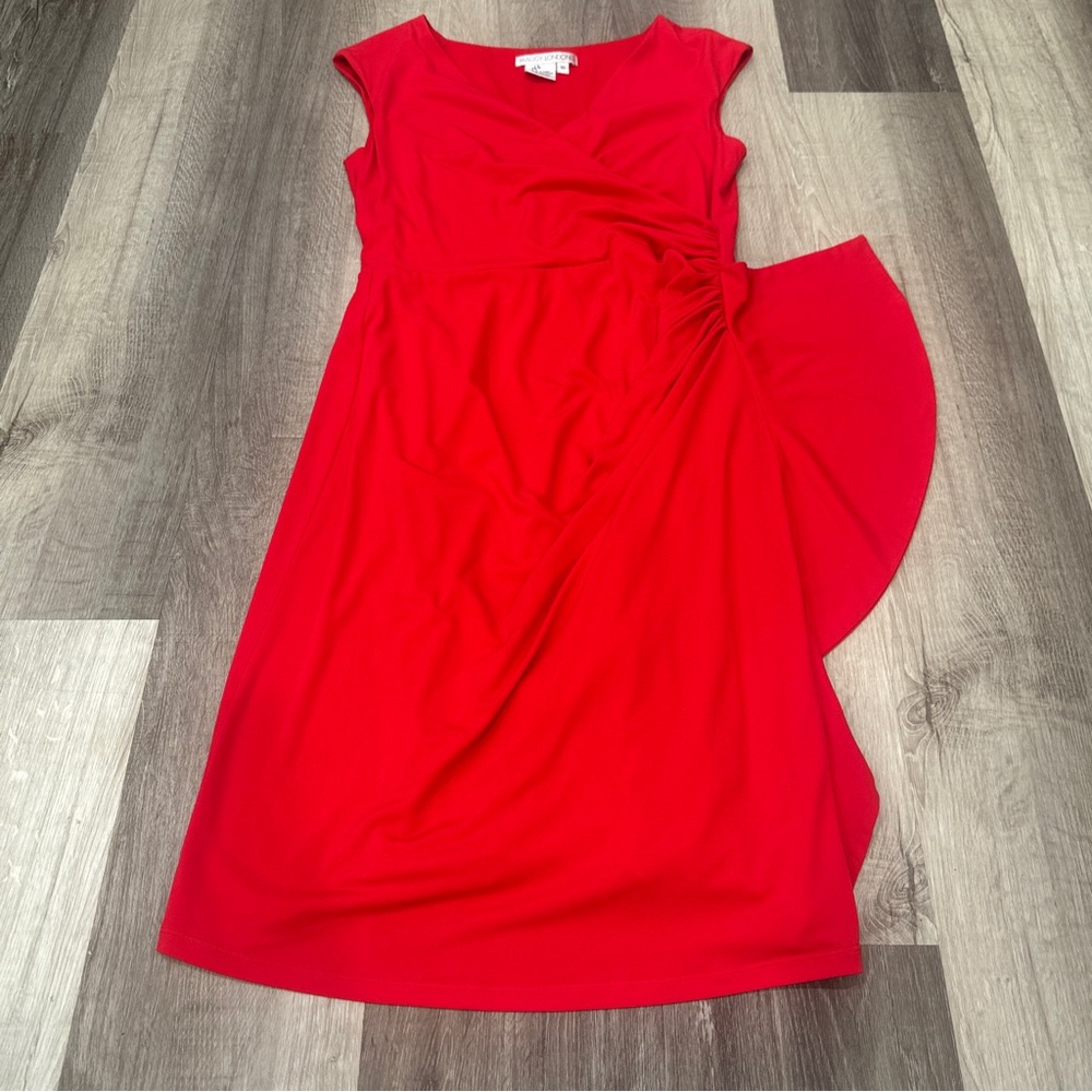 Maggy London Red Dress Women 10 Faux Wrap Gathered Sleeveless Cocktail